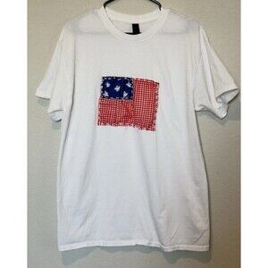 GILDAN T Shirt Men's Large White Short Sleeve Custom American Flag 100% Cotton